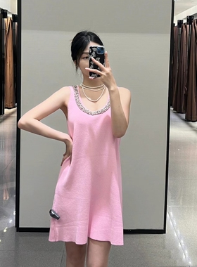 2024新品夏 ZA女装洋气甜美珠宝镶饰平针无袖迷你连衣裙 5755025