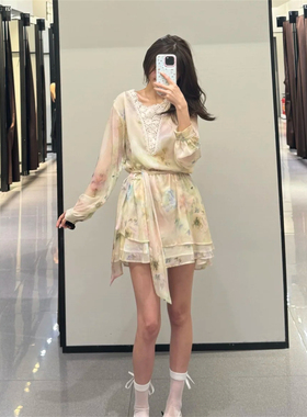 2025春夏女装 法式时尚气质钩针印花长袖系腰带短连衣裙3061250