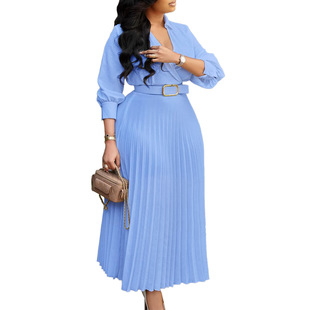 women's elegant long pleated dress fashion V-neck dress 3xl