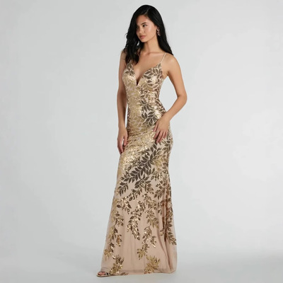 欧美风新款长款连衣裙时尚亮片性感露背吊带长裙 sexy dress maix