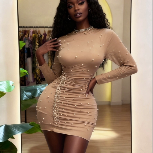 跨境欧美女装纯色时尚长袖钉珠包臀连衣裙 sexy party dress new