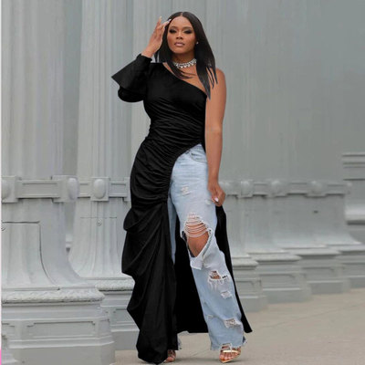 欧美风时尚斜肩长袖长裙2023