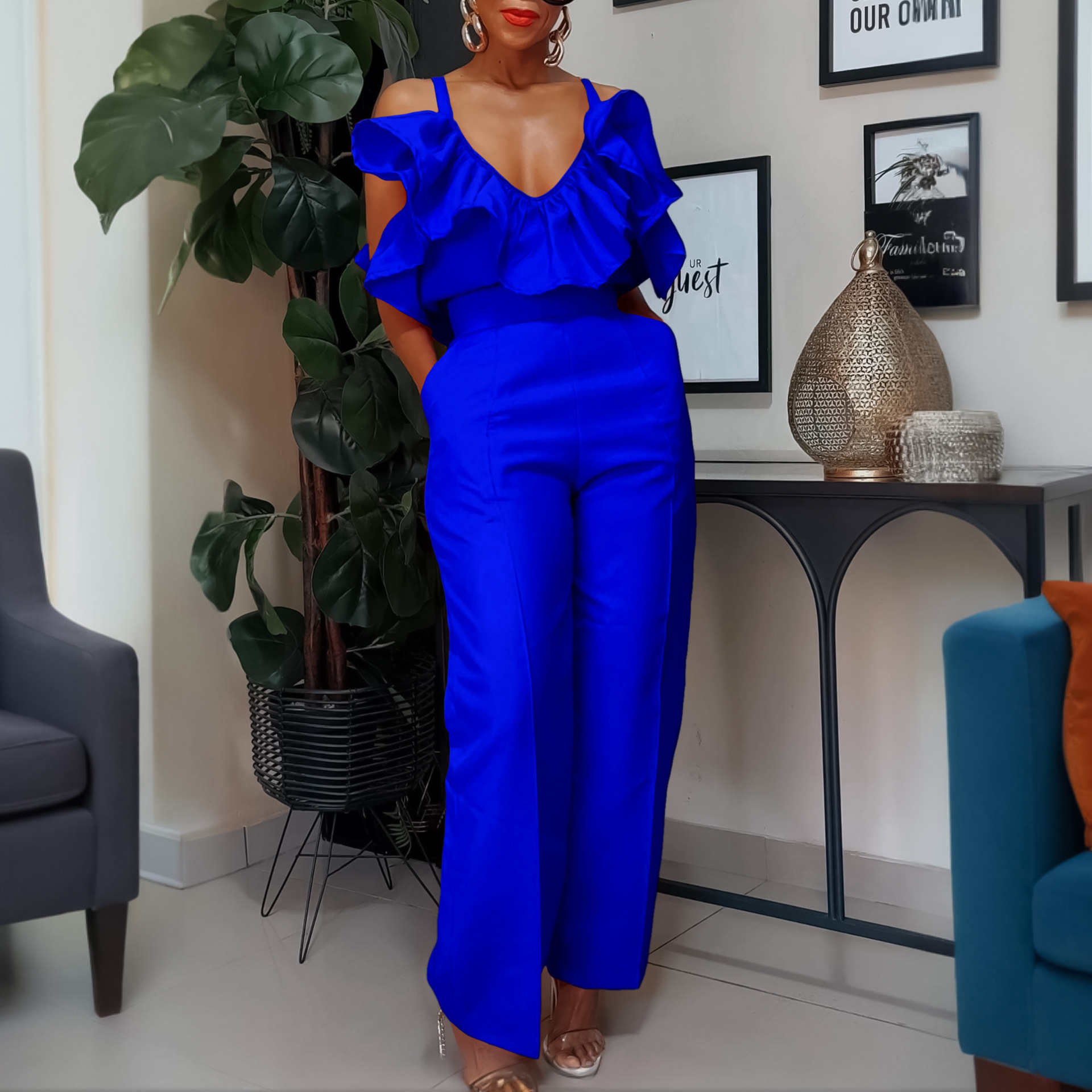 欧美风修身长款吊带大码荷叶边