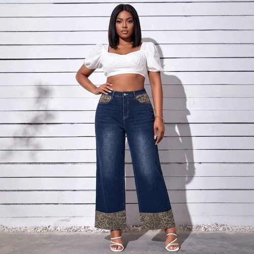 大码牛仔裤高腰宽松直筒阔腿牛仔裤长裤女 plus size jeans women