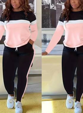 autumn suits women tracksuits 跨境套装条纹拼接长袖裤子套装女