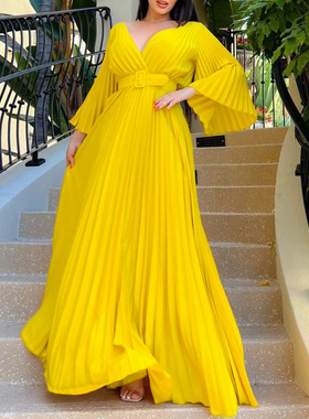 women long dress yellow 欧美女装新款性感大摆礼服长裙连衣裙