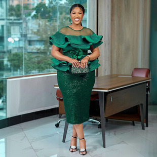 大码 dresses 珠片跨境欧美新款 African women 珠片连衣裙 非洲女装