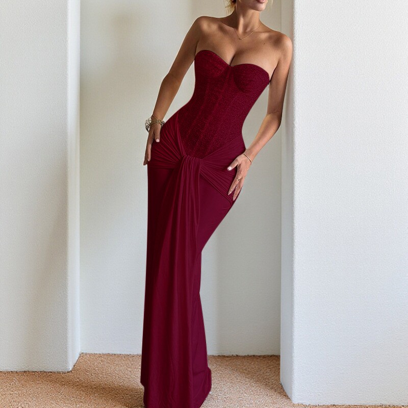 性感生日聚会裙子抹胸微透镂空夜店风长裙表演服装 0party dress