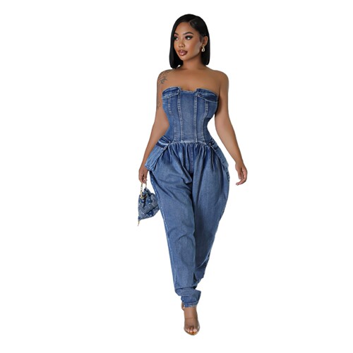大码女装连体衣抹胸女高弹力大码牛仔连体裤 plus size jumpsuits