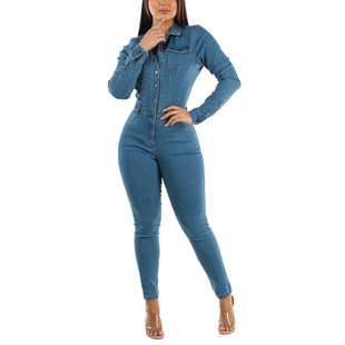 Women Denim Jeans Jumpsuit 长袖小脚口洗水牛仔连体裤连体衣女