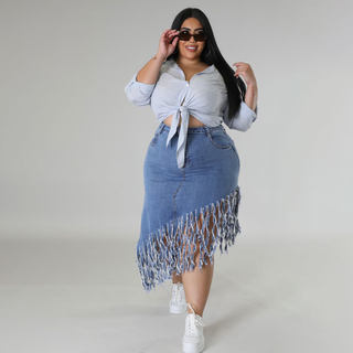 bigsize dress Denim skirt with fringe 4xl 牛仔半身裙加流苏