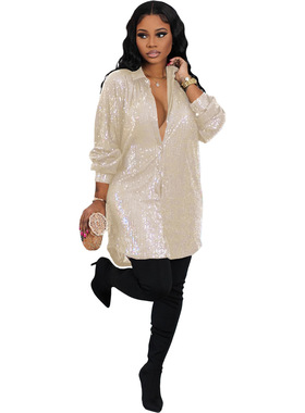 欧美女装新纯色亮片宽松衬衫连衣裙 Plus Size Sequin dress new