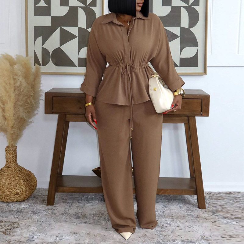 欧美跨境女装大码新款气质翻领系带纯色衬衫阔腿长裤休闲套装2XL,女装/女士精品,休闲运动套装,淘宝优惠券,粉丝福利购,淘宝优惠卷