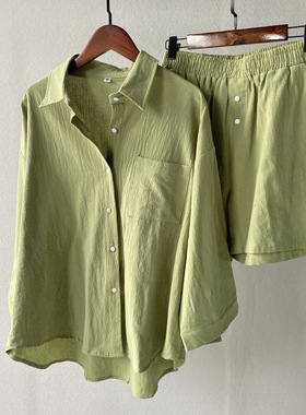 women suits 女士2件套复古大码2023 棉麻衬衫套装高腰宽松短裤