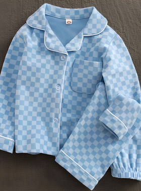 儿童格子保暖睡衣秋冬季新款男女长袖裤中大童宝宝家居服套装德绒