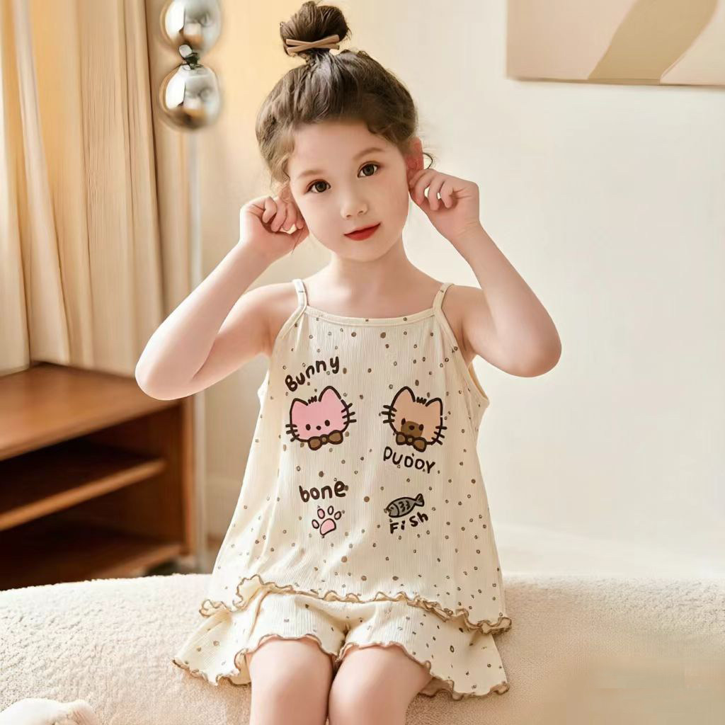 甜美少女风卡通猫咪吊带睡衣女童夏季莫代尔家居服女童套装薄款