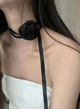 新款黑色蝴蝶结项链女绑带蕾丝颈链脖子配饰锁骨链玫瑰项圈颈带夏