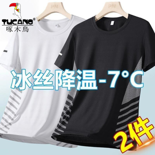 啄木鸟冰丝速干t恤男短袖夏季男款大码半袖上衣服户外跑步运动T恤