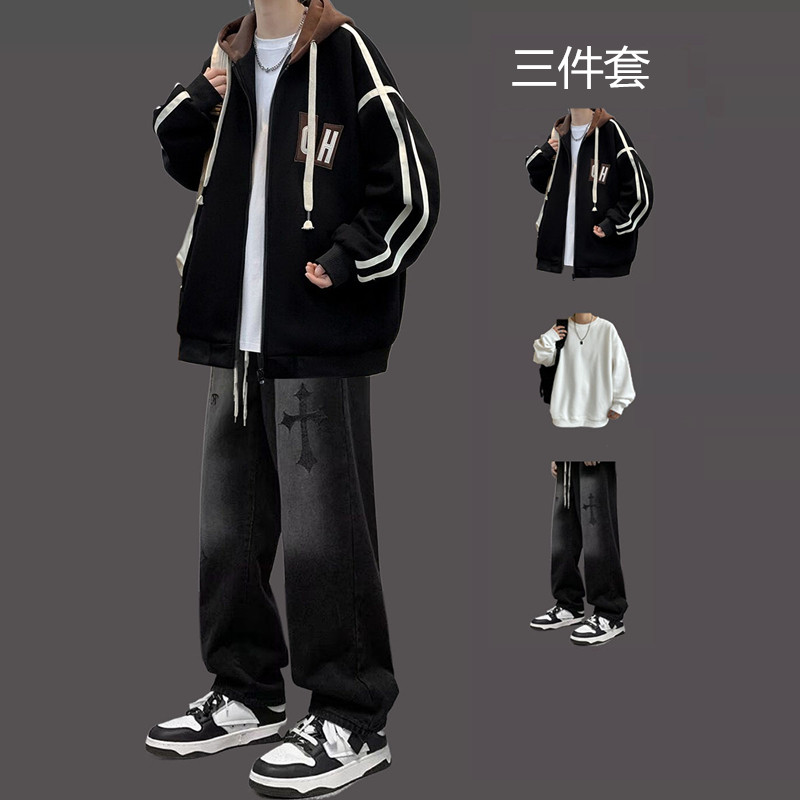 秋冬款棒球服外套男生休闲套装港风潮牌夹克青少年学生穿搭一整套,男装,时尚套装,淘宝优惠券,粉丝福利购,淘宝优惠卷