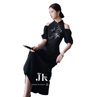 JKJS【入墨竹】改良旗袍裙子复古新中式设计感黑色长款露肩连衣裙