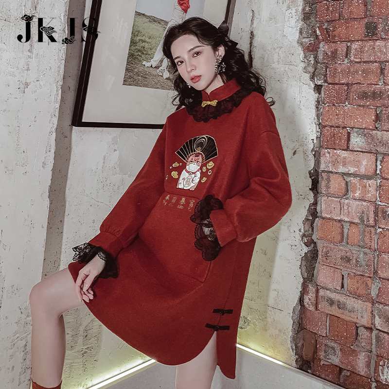 旗袍女冬2022年新款年轻款少女冬款加厚炸街国潮女装中国风连衣裙