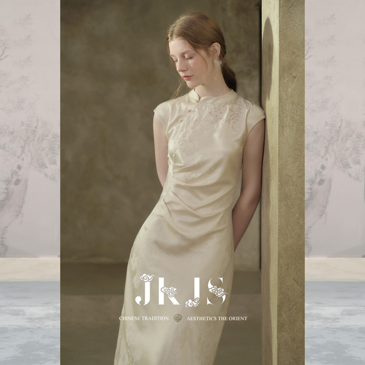 JKJS【玉生花】人丝提花斜襟盘扣连衣裙女款2026新款气质精致裙子