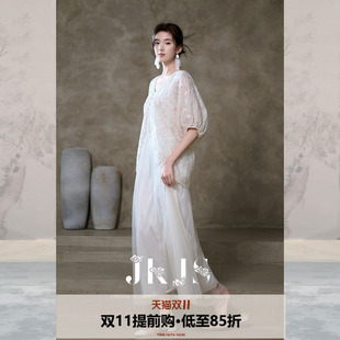 JKJS【雾樱裙】天丝重工绣花连衣裙女夏高级感长裙假两件网纱裙子