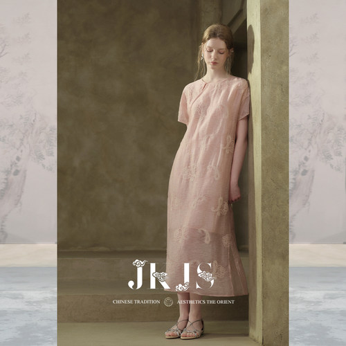 JKJS天丝麻炒色刺绣宽松连衣裙