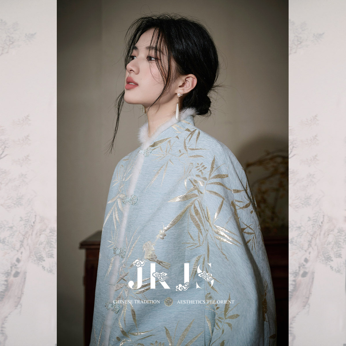 JKJS【清宵半】水貂毛拼接雪尼尔提花外套夹棉冬季新中式冬季棉服