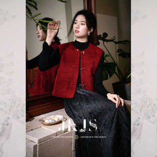 国风马夹背心时髦洋气新中式 羊毛粗花呢 盘扣马甲 醉红妆 JKJS