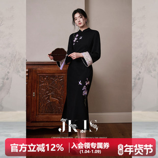 JKJS【墨韵】刺绣连衣裙加厚秋冬新款新中式改良旗袍裙黑色长裙