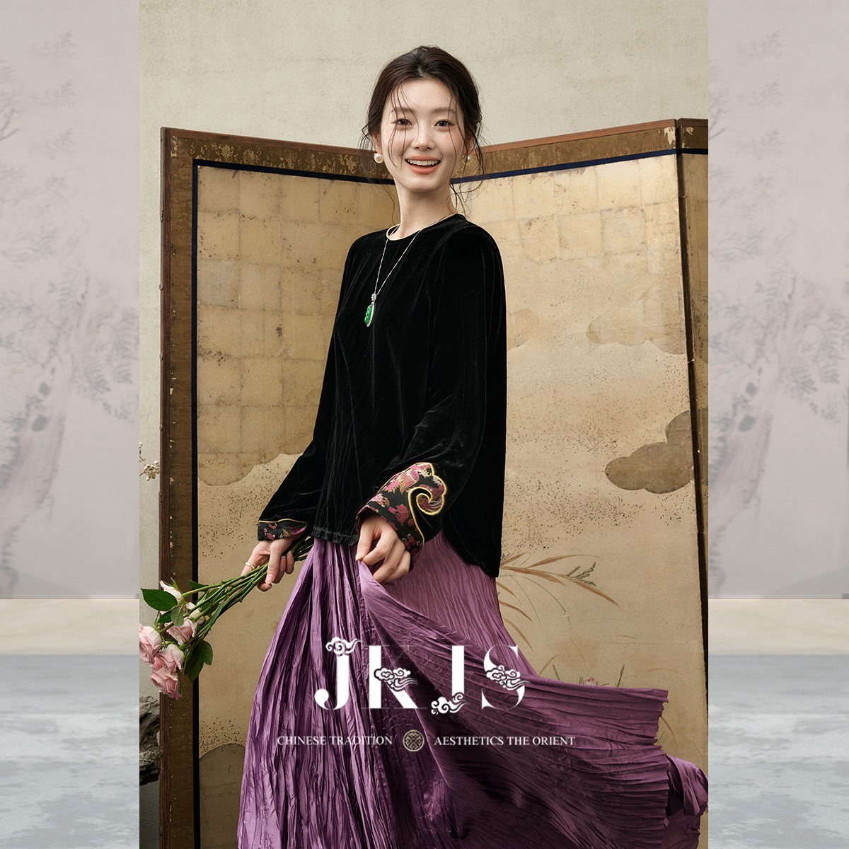 JKJS真丝丝绒长袖T恤秋冬