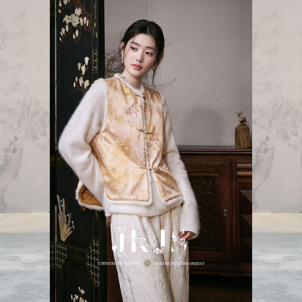 JKJS【软烟罗】人丝金丝蝴蝶水貂毛棉马甲冬外穿女新中式坎肩马夹