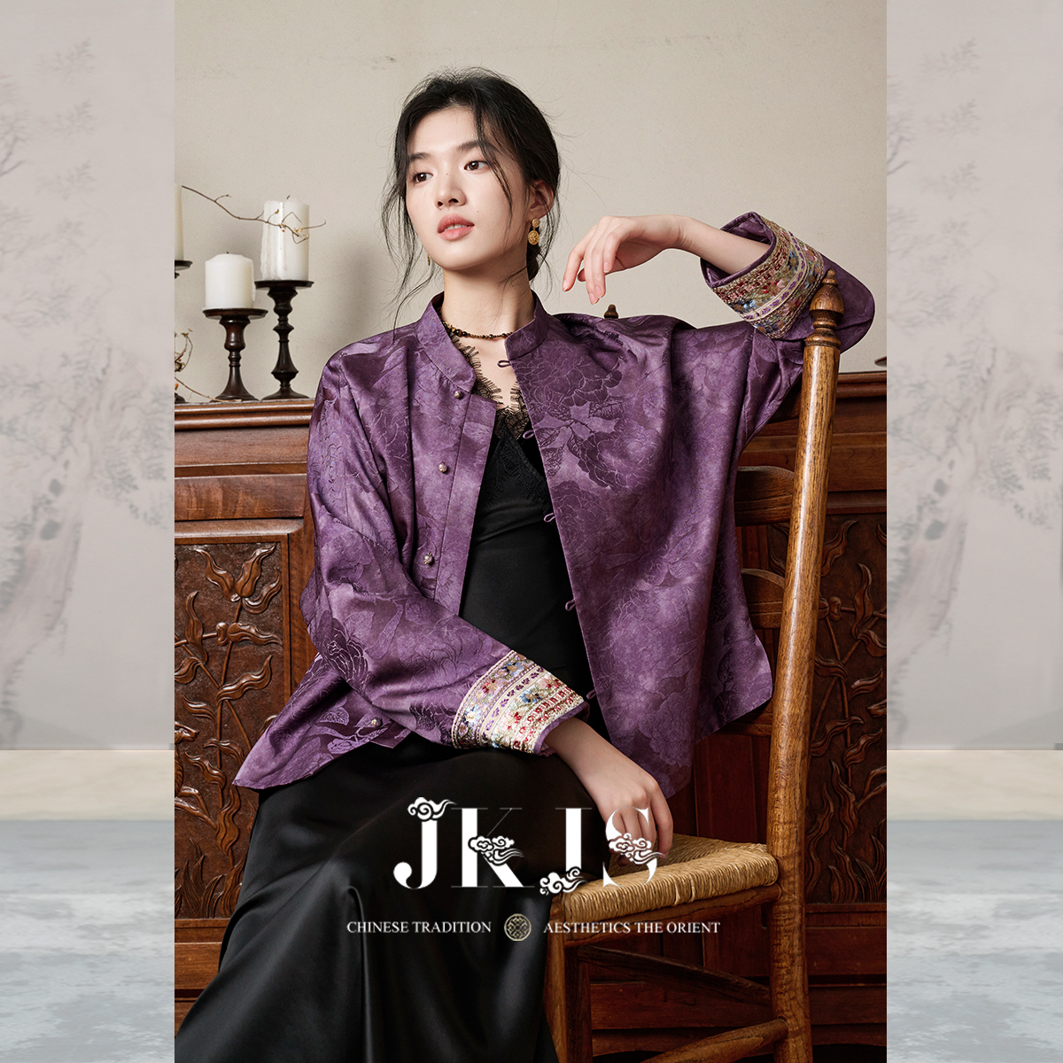 JKJS真丝人丝混纺小立领外套