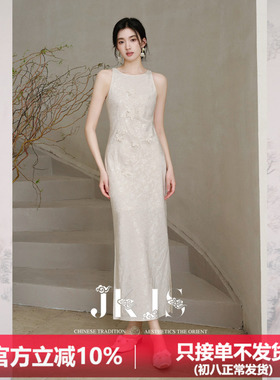 JKJS【流云玉】人丝亚麻 新中式连衣裙露肩绣花白色长裙里布天丝