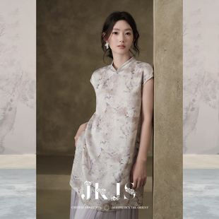 JKJS【梦华录】人丝印花素雅连衣裙女夏新款短款立领改良旗袍裙子