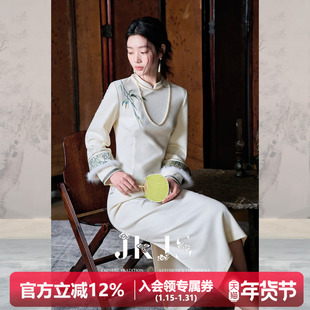 JKJS【竹雪寒】人丝羊毛 新中式连衣裙气质秋冬加厚长裙刺绣裙子