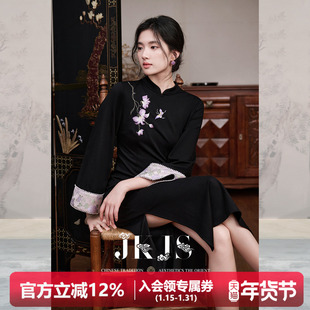 JKJS【墨韵】改良旗袍刺绣连衣裙加厚秋冬新款新中式黑色长款裙子