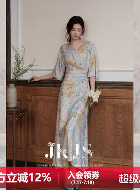 JKJS新中式复古人丝麻印花连衣裙