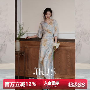 JKJS【云锦花】新中式复古人丝麻印花连衣裙女V领喇叭袖收腰长裙