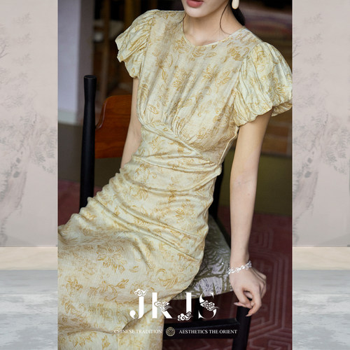JKJS人丝亚麻印花泡泡袖连衣裙