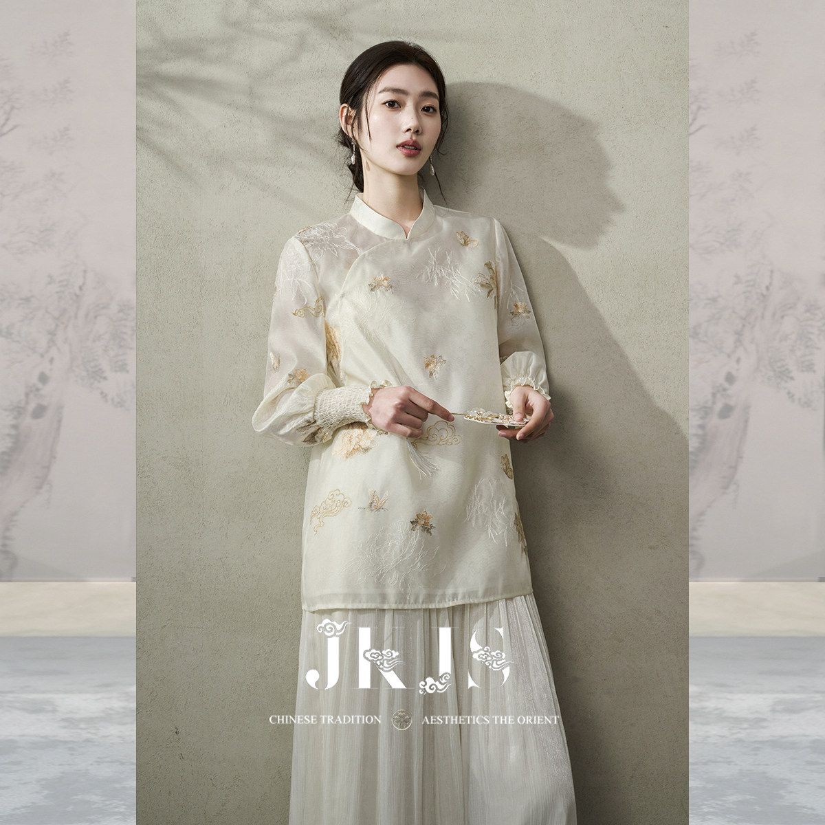 JKJS【透玉生花】刺绣衬衫女设计感小众小立领衬衣高级感轻奢上衣