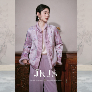 冬装 JKJS 盘扣棉衣新中式 人丝花萝 紫色棉服外套水貂毛 暗生香