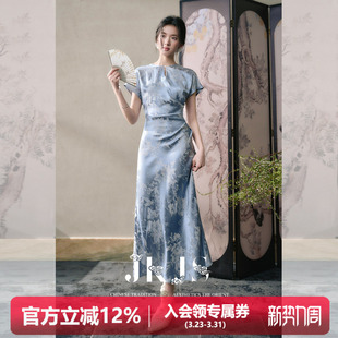 连衣裙女夏裙子气质长裙 人丝提花国风旗袍女新中式 JKJS 碧聆风