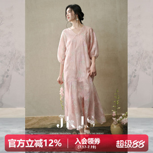 JKJS【兰苕春】天丝亚麻绣花夏季连衣裙新中式V领灯笼袖气质长裙