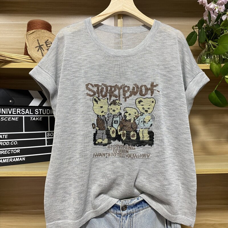 2026新款夏季短袖亚麻圆领针织t恤上衣宽松套头提花大码针织衫女