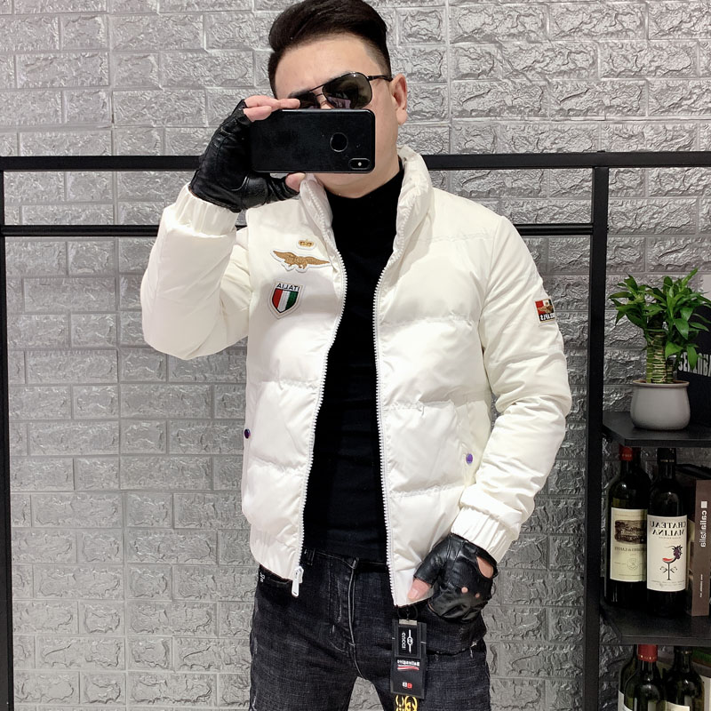 新款羽绒服男修身立领绣花棉衣社会青年白鸭绒短款棉服外套潮男装