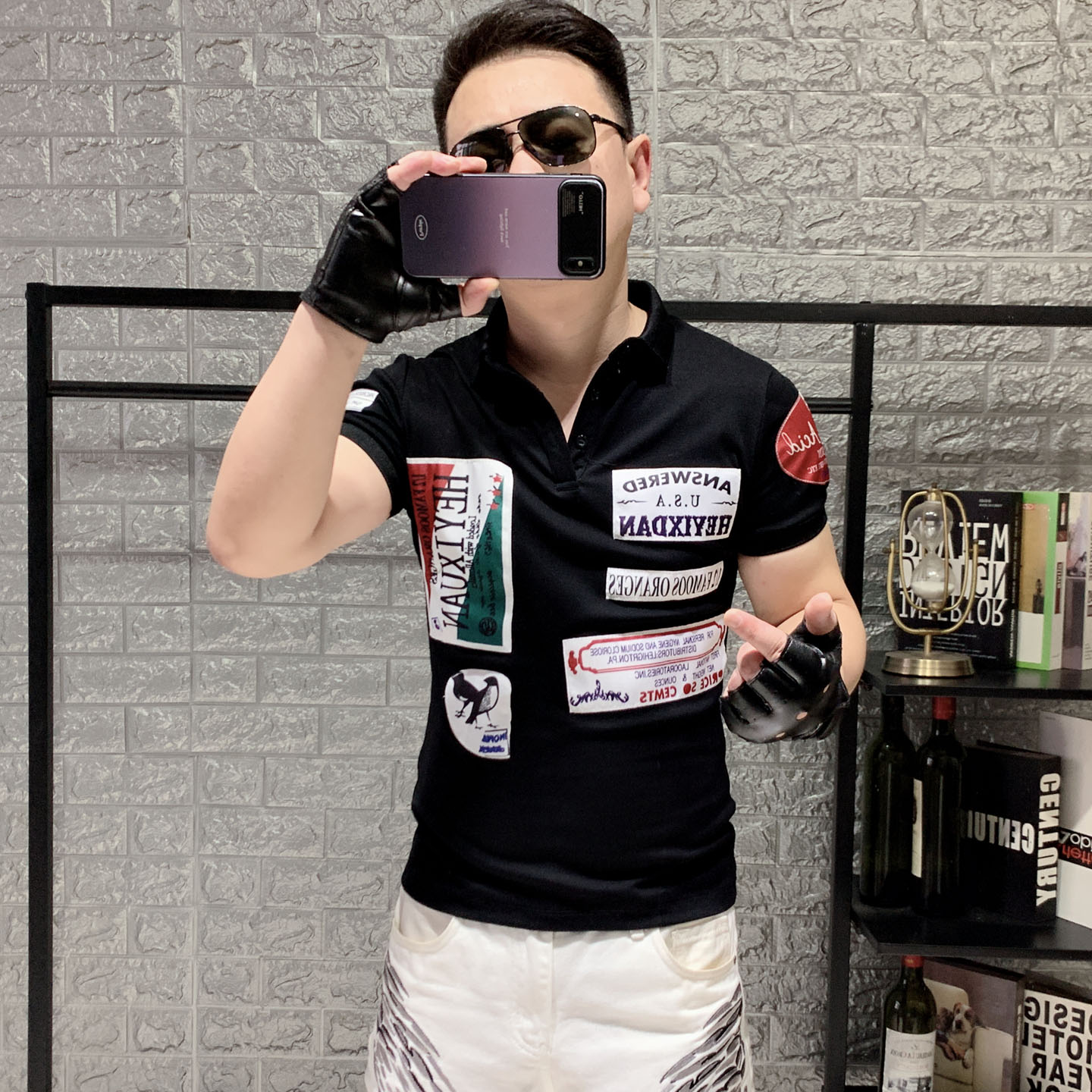 短袖男T恤修身翻领贴布POLO衫