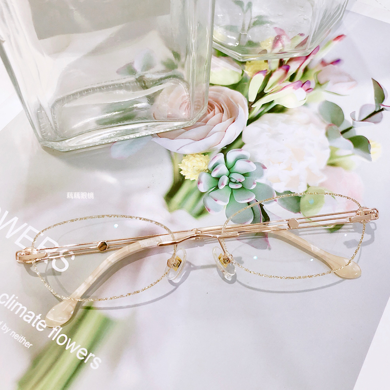 无框近视眼镜女椭圆镶金粉女款有度数成品韩国钻石切边小框无螺丝