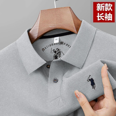 轻奢100%纯棉秋冬季新款男士长袖POLO衫翻领刺绣宽松打底T恤上衣